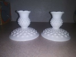 Pair Set of 2 Fenton Milk White Hobnail Glass Candle Holders Candlesticks - $28.04