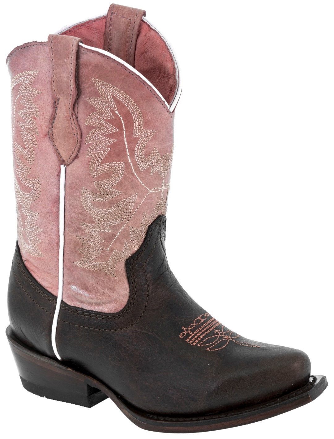Kids Girls Pink Dark Brown Plain Leather Western Cowgirl Boots Rodeo Square Toe Kids Girls Pink Dark Brown Plain Leather Western Cowgirl Boots Rodeo Square Toe