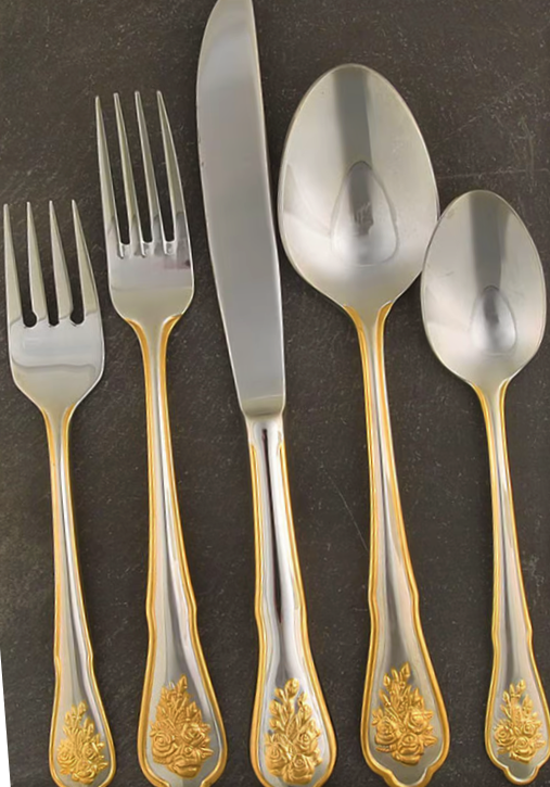 65 PIECE Old Country Roses Stainless Gold Flatware Royal Doulton/Albert +serving Dinner Sets