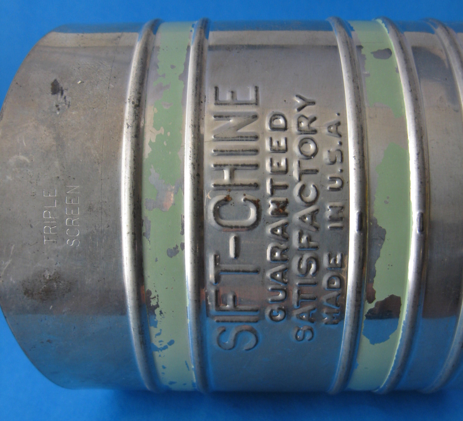 Tin Flour Sifter Original Green Paint 1940s SiftChine Triple Sifters