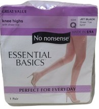 No Nonsense Knee Highs Pantyhose Essential Basics Size Q JET BLACK Sheer Toe NYP