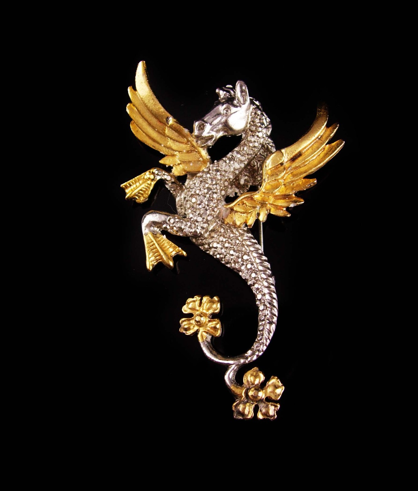 Primary image for Huge Vintage dragon brooch - gold wings - Vintage Mythical Creature - 3 1/2" pot