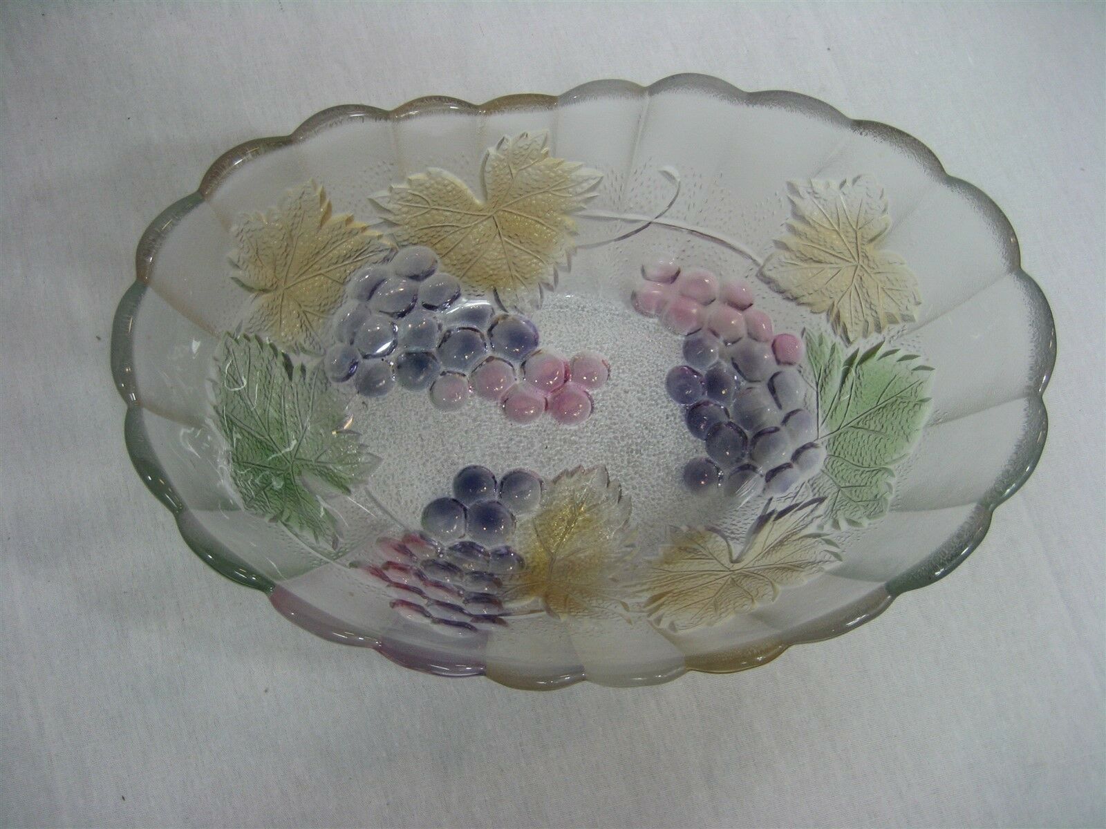 Vintage SOGA Japan Art Glass Frosted Colored Fruit Bowl Clear Oval