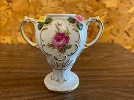 Vtg 1980s 2 Handle Gilt Porcelain Roses Urn Original Germany Crown D Hallmark - $28.96
