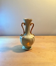Vintage 50s DePere MCM small green/gold bud vase with handles