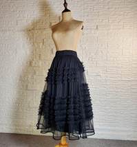 Women Black Midi Tulle Skirt Outfit Handmade Tiered Tulle Skirt Custom Any Size