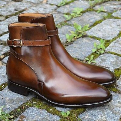 Burnished Toe Rounded Buckle Strap Genuine Leather Jodhpur High Ankle Men Boots