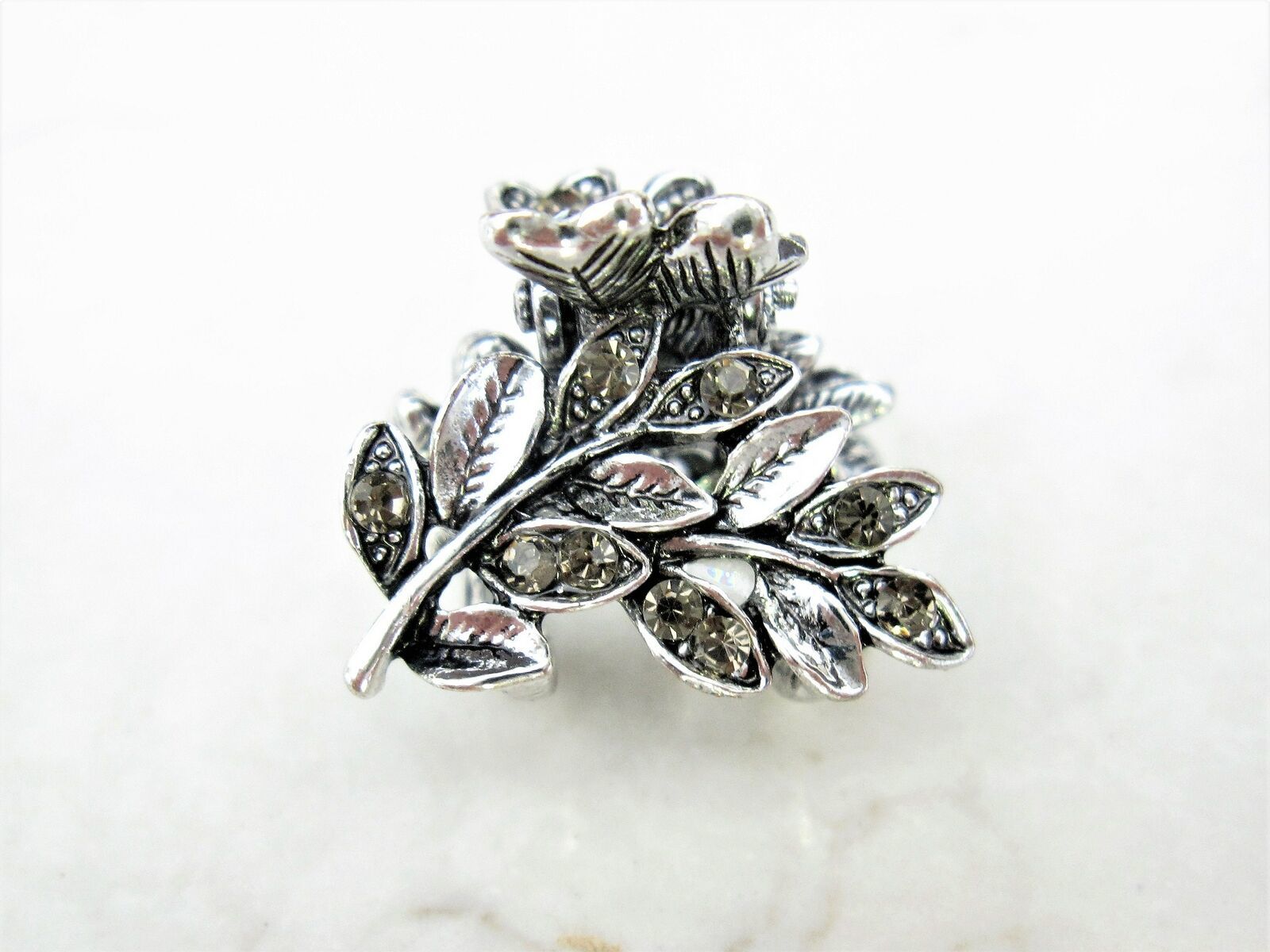 Small mini silver metal gray leaf crystal hair claw clip bridal clip