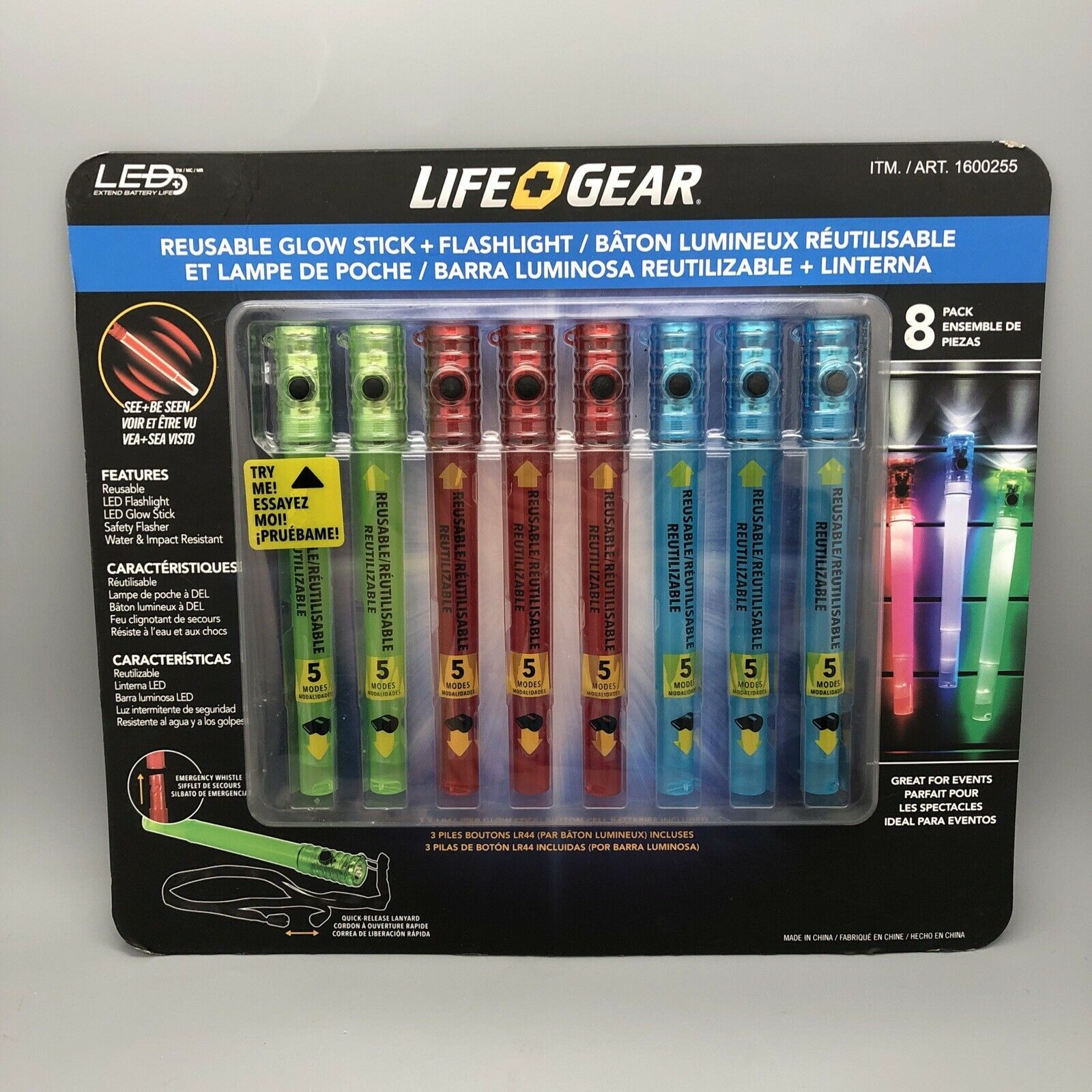LIFE+GEAR Reusable Glow Stick & Flashlight Combo 8Pack Glow Sticks
