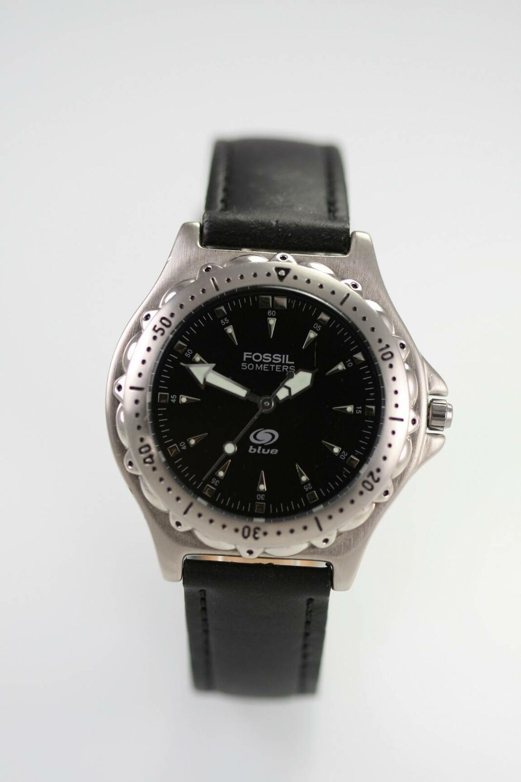 Fossil Watch Mens Stainless Steel Silver Black Leather 50m Battery