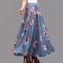 FLORAL Chiffon Long Skirt Dusty Blue Flower Silk Chiffon Skirt Summer Plus Size image 2