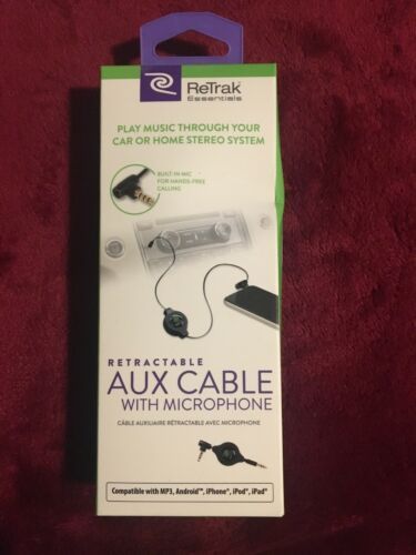ReTrak Essentials Retractable Auxiliary Cable + Mic Black 2.6 Feet Sealed New
