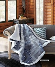 BLUE GRAY MONTANA CABIN PATCHWORK QUILTED SHERPA SOFT THROW BLANKET 50x60 INCH