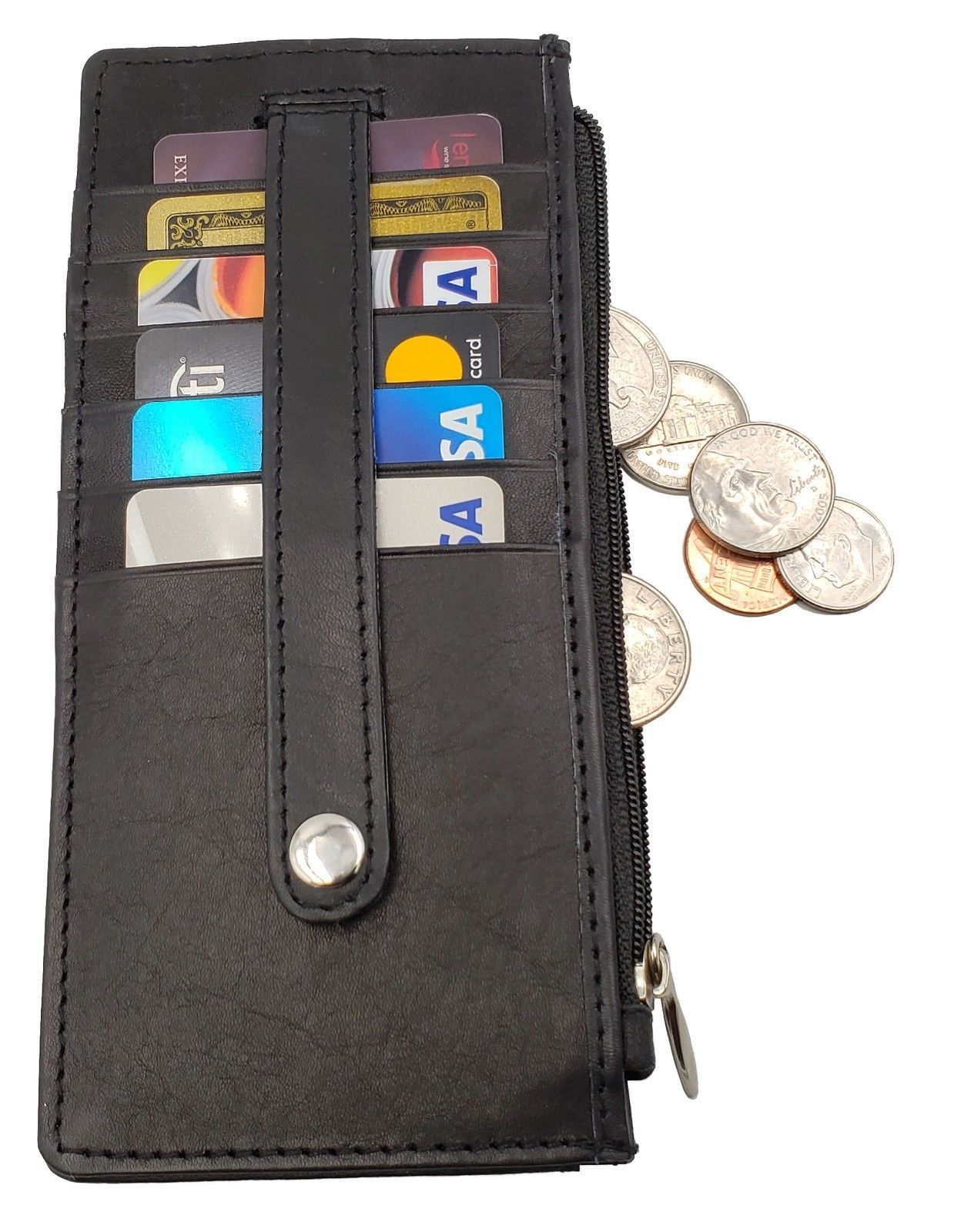 LADIES Long Credit Card Holder, Side Zipper Pocket, Snap Close Leather