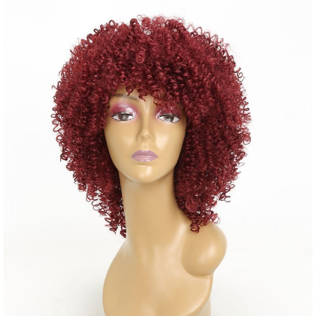 Loose Curls Synthetic Wigs for Women Short Curly Hair With Bangs Burgundy Color