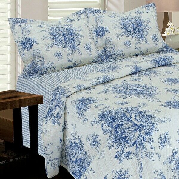 Melange Home Floral Toile Blue Quilted Standard Pillow Sham Pillow Shams