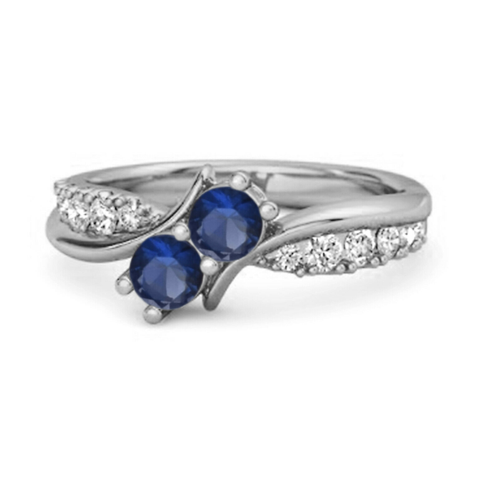 0.2 Ct Round Blue Sapphire Two Stone Swirl 9k White Gold Anniversary Ring