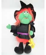 Stuffed Plush Halloween Witch 19&quot; Green Face Wart Orange Hair Broom - $14.10