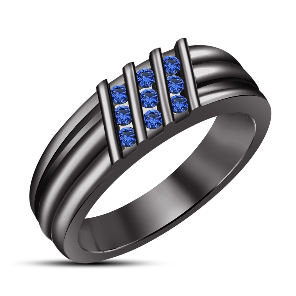 Mens Engagement Wedding Band Ring Blue Sapphire 14k Black