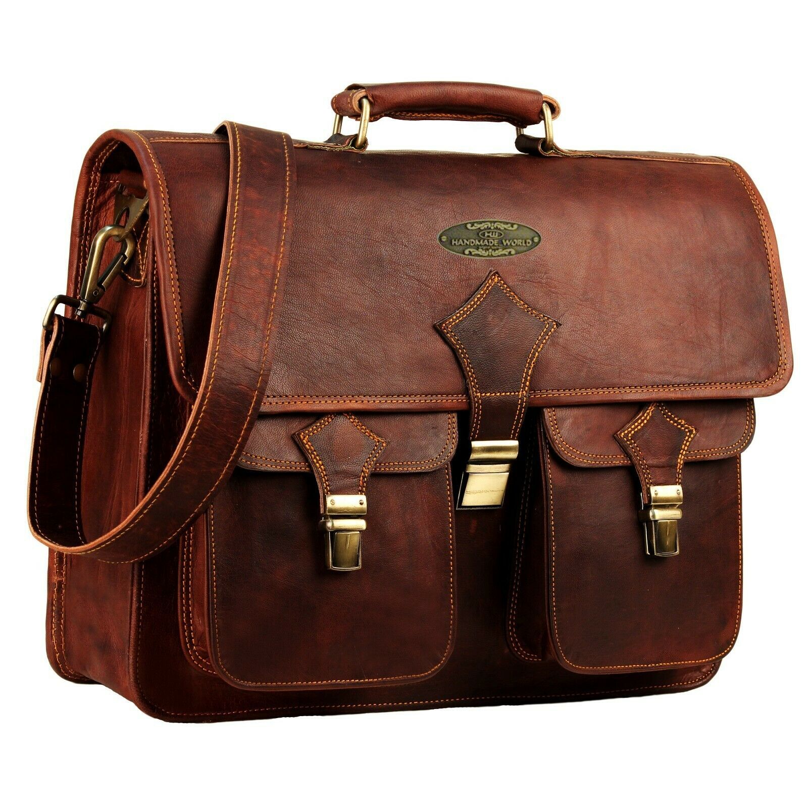 18 Inch Vintage Men&#39;s Brown Handmade Leather Briefcase Best Laptop Messenger bag - Bags