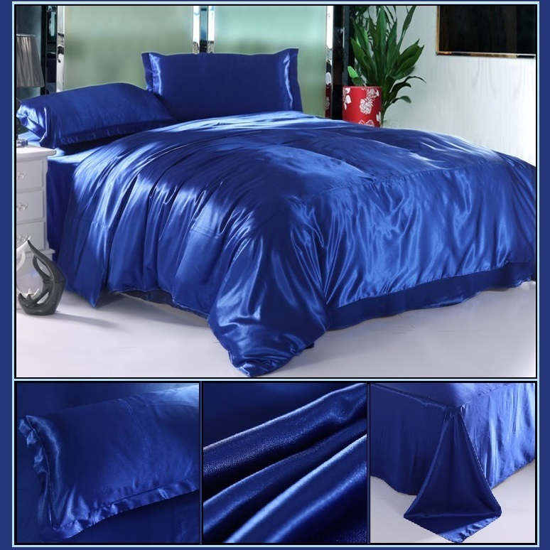 Luxury Sapphire Mulberry Silk Satin Top Sheet Duvet w/ 2 Pillow Cases 4 Pc Set