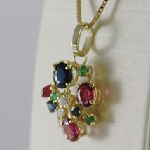 18K YELLOW GOLD FLOWER NECKLACE DIAMOND SAPPHIRE RUBY EMERALD MADE IN ITALY image 3