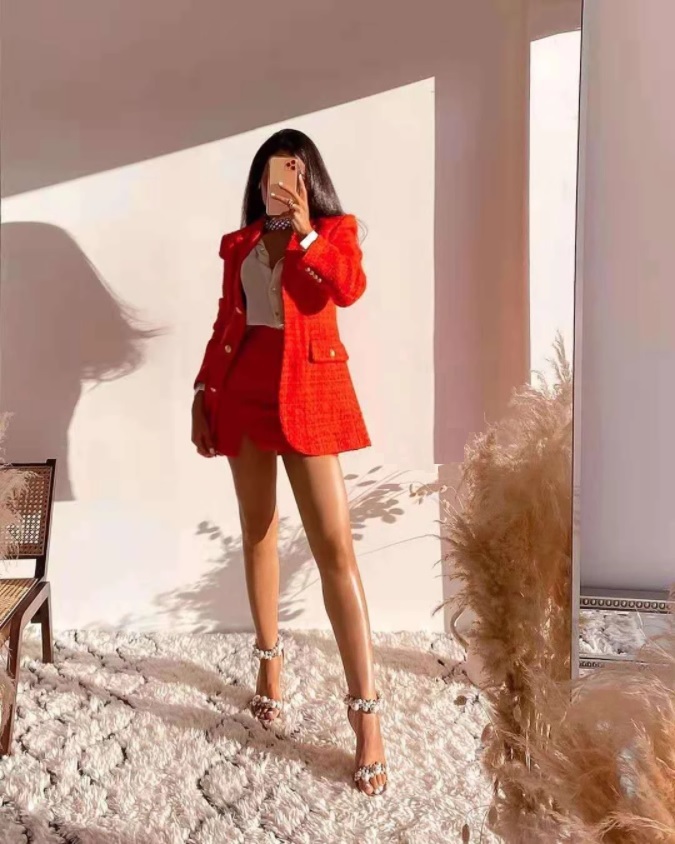 New red tweed two piece women suit set single breasted blazer and mini skirt
