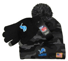 Detroit Lions Nfl Premium Men's Camo Cuffed Knit Winter Hat & Glove Set Nwt - $34.69