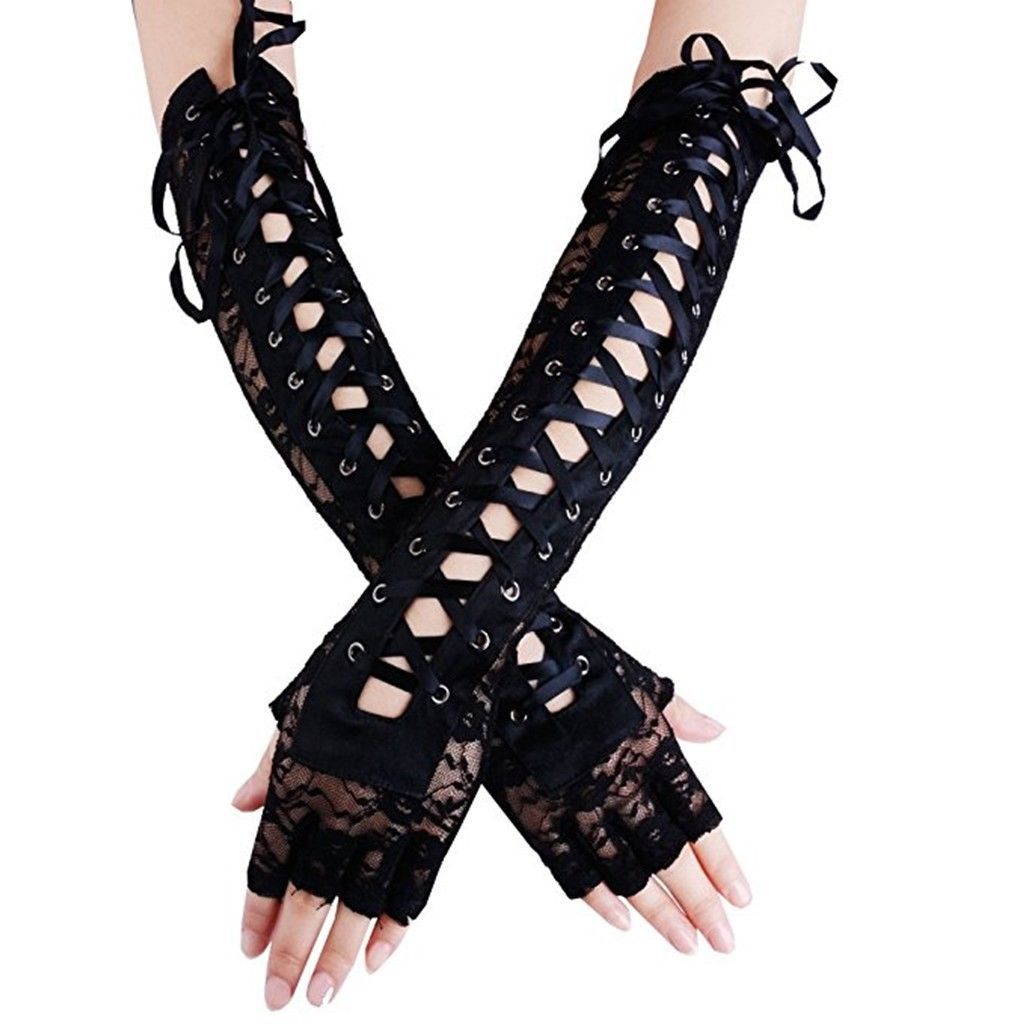 Women's Sexy Elbow Length Fingerless Lace Up Arm Warmer Black Long Lace Gloves