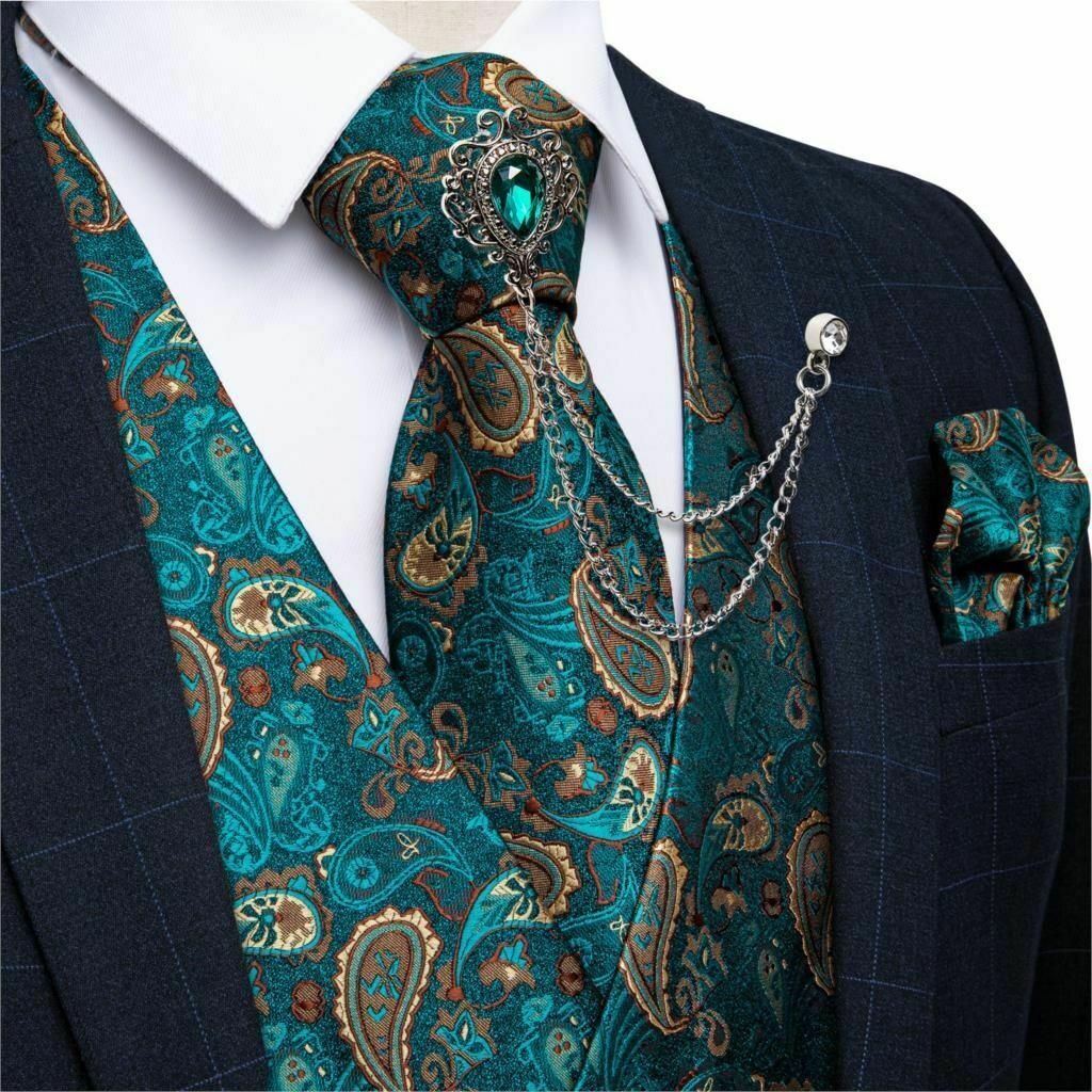 Men's Formal Vest Tie Set Waistcoat Wedding Party Vest Tie Brooch Pocket Square
