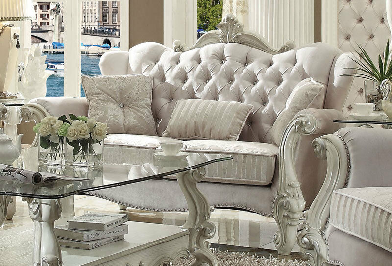 NEW Antique Bone White Wood Living Room Couch Set Ivory Velvet Sofa