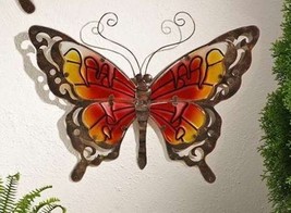 Monarch Butterfly Wall Plaque 18.7" long Metal Glass Wing Cut Outs Orange Yellow