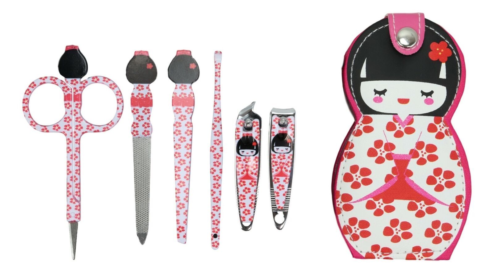 Ebros Gift - Japanese kokeshi doll white kimono portable case w/ manicure pedicure tools set