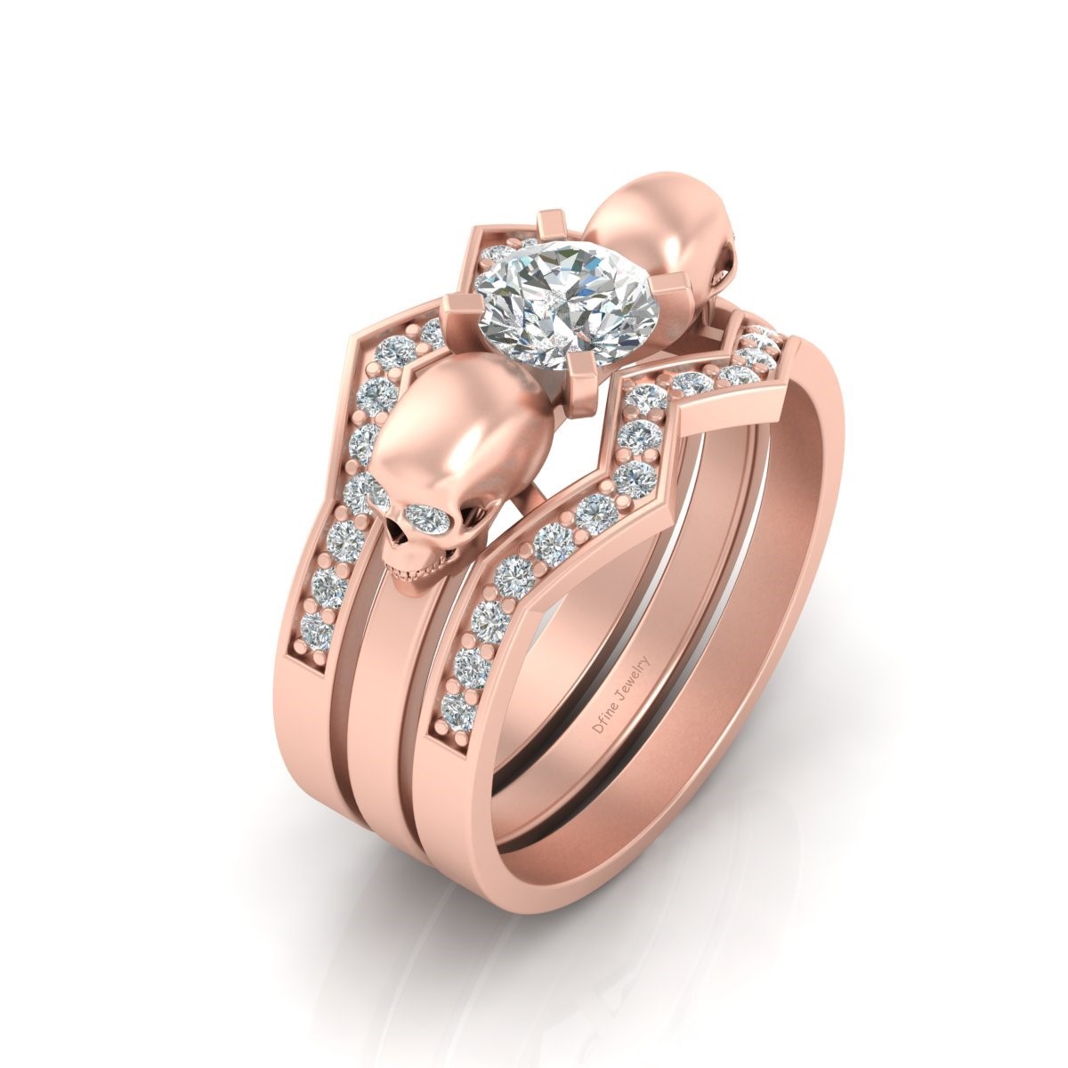 0.90TCW Diamond Skull Engagement Ring Matching Zig Zag Band Set For Women Rings