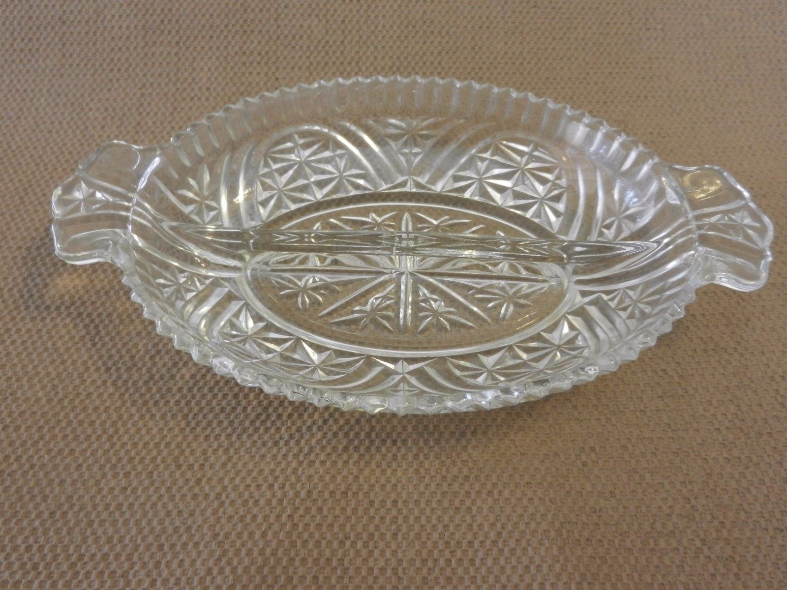 Vintage Glass Divided Relish Tray Oblong, Handles Scalloped Edges Vintage