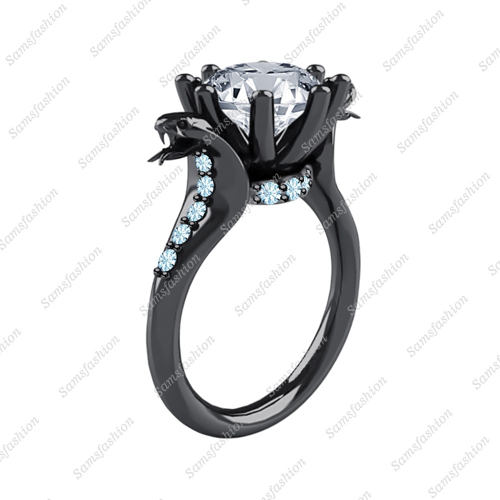 Solitaire Diamond & Aquamarine 14k Black Gp 925 Silver Cobra Snake Wedding Ring