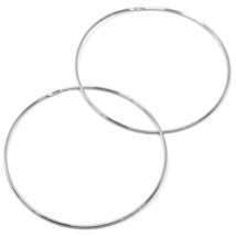18K White Gold Round Circle Hoop Earrings Diameter 60 Mm X 1 Mm, Made In Italy - $455.25