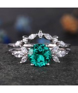 Emerald Engagement Ring White Gold Art Deco Stacking Matching Band Vinta... - $713.20