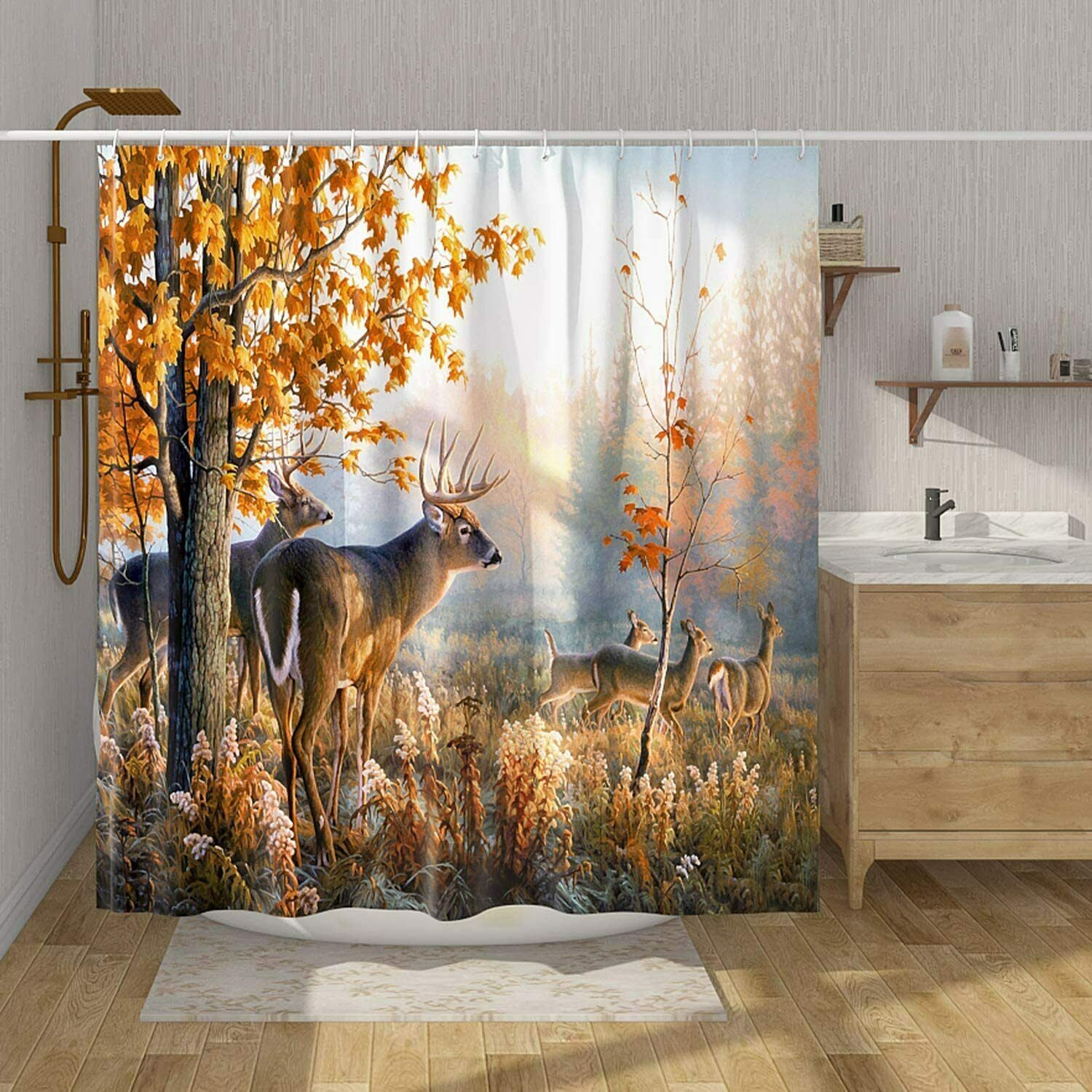 Nice Woodland Deer Forest Scene Autumn Landscape Farmhouse Fabric 