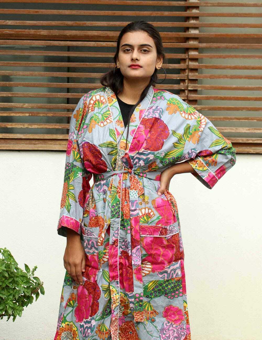 Fruit Print Kimono & Gown Long Size Cotton Bath Robe Indian Handmade Sleepwear