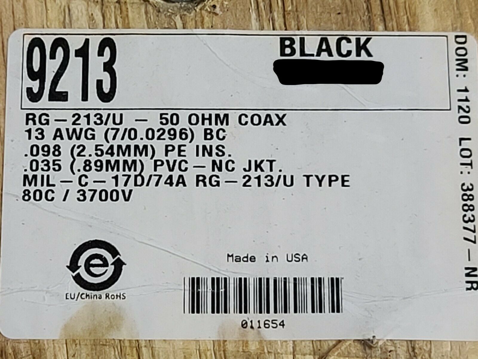 Alpha Wire 9213 RG-213/U MIL-C-17D/74A Coaxial Cable 50Ohm Black /10ft
