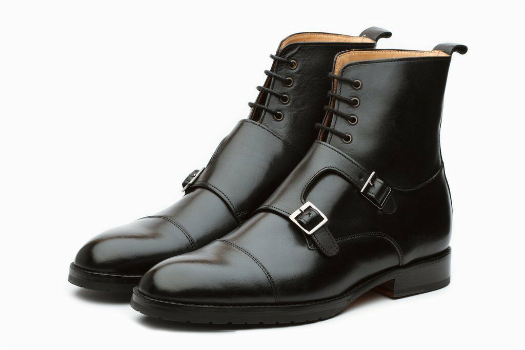 Men's Derby Black Monk Double Buckle Strap Cap Toe Leather Ankle Boots US 7-16