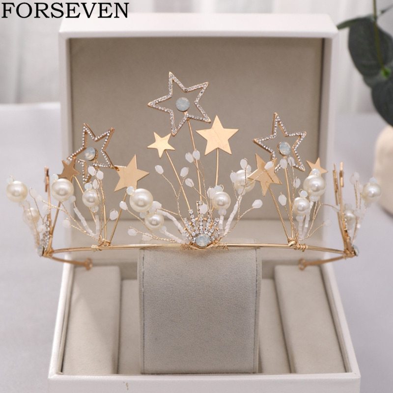 Pearl Rhinestone Star Crown Wedding Hair Accessories Bridal Tiara Gold Diadem Pr