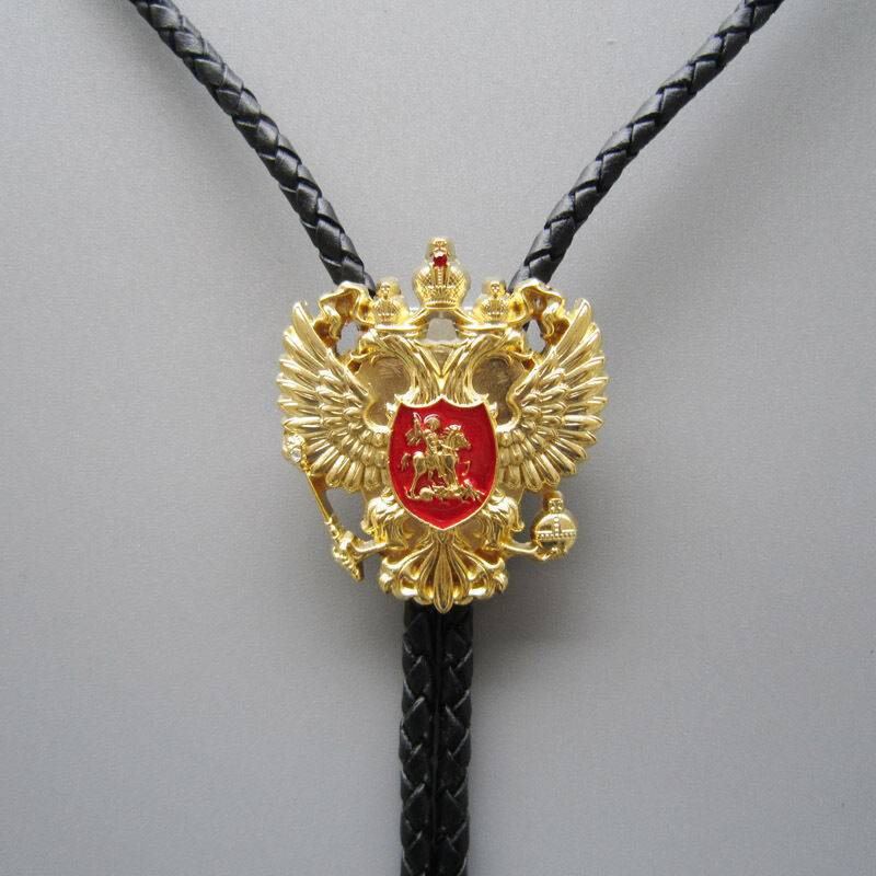 Original Antique Gold Russian Double Headed Empire Eagle Rhinestone Bolo Tie