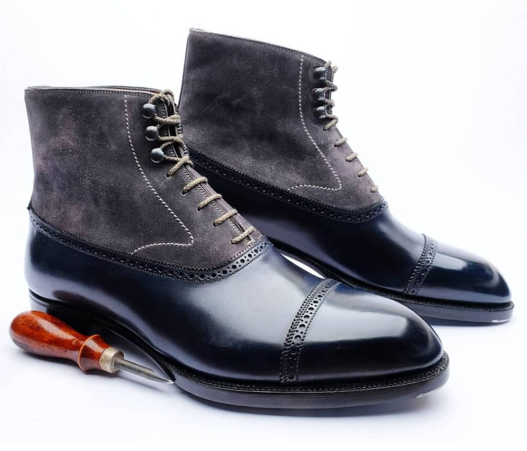 Two Tone Gray Black Rounded Cap Toe Premium Leather Men Stylish High Ankle Boots