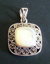925 STERLING SILVER MARCASITE &amp; WHITE MOTHER OF PEARL PENDANT  1 1/4 - $47.03
