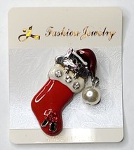 Brooch Pin Holiday Litty Cat in Stocking Holiday Fashion Jewelry 2&quot; t 1.... - $9.59