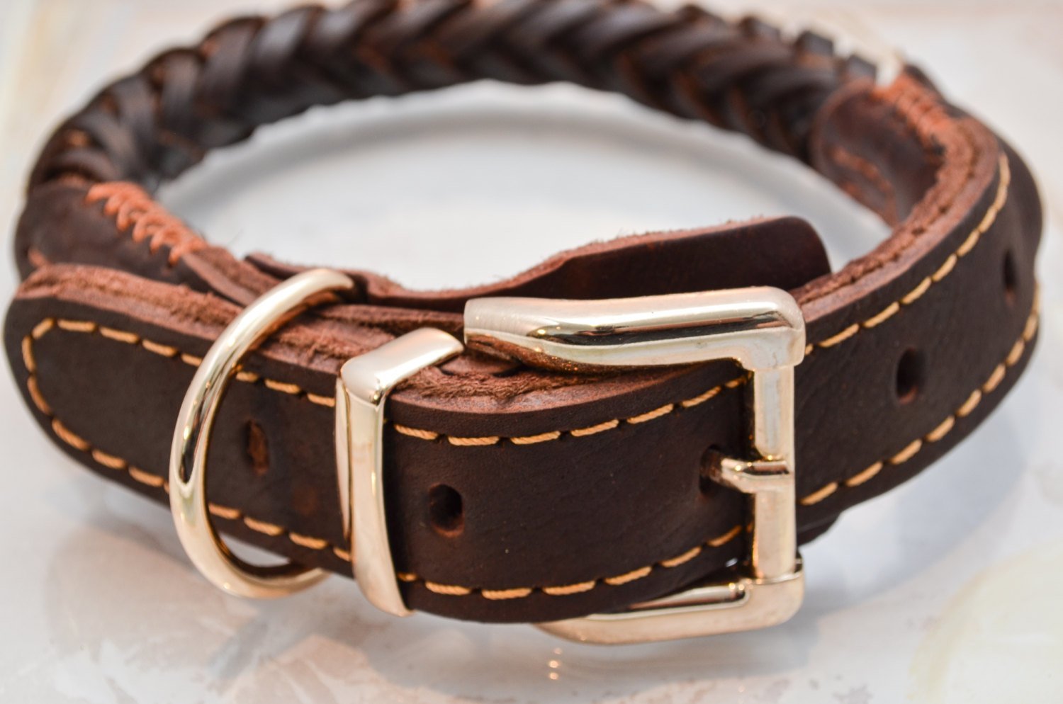 Black Braided Real Genuine Leather Dog Collars 17" to 21" Neck Collars