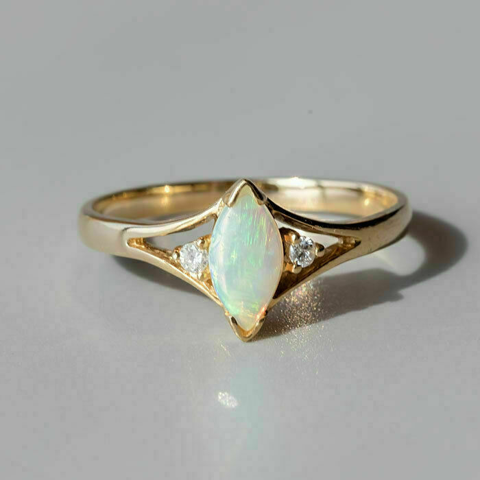 1.25Ct Marquise Cut Fire Opal & Diamond Engagement Ring 14K Yellow Gold ...