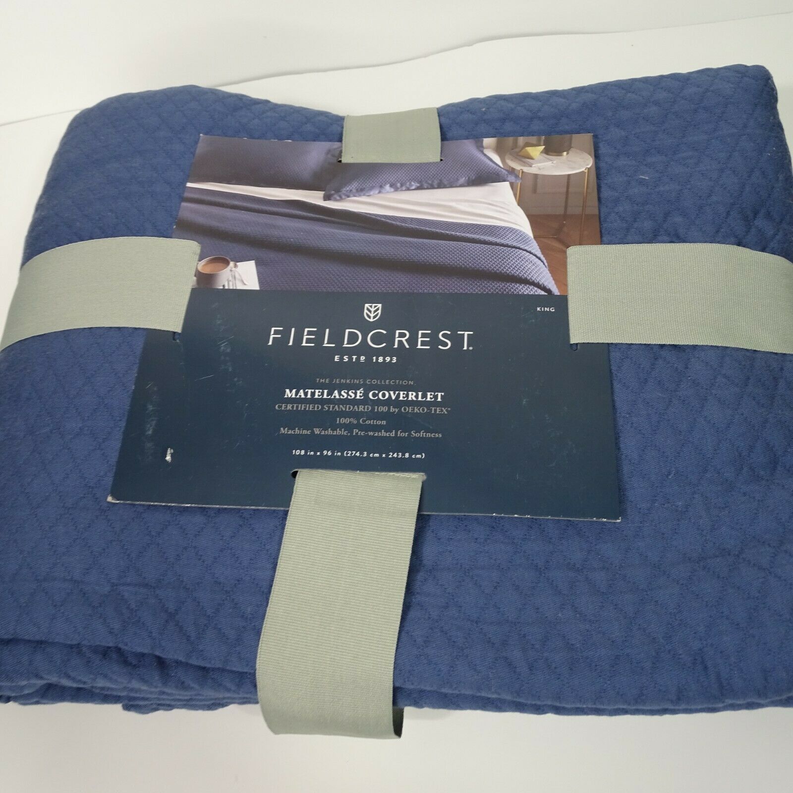 Fieldcrest Diamond Matelasse Coverlet King Size Quilted Blanket Blue